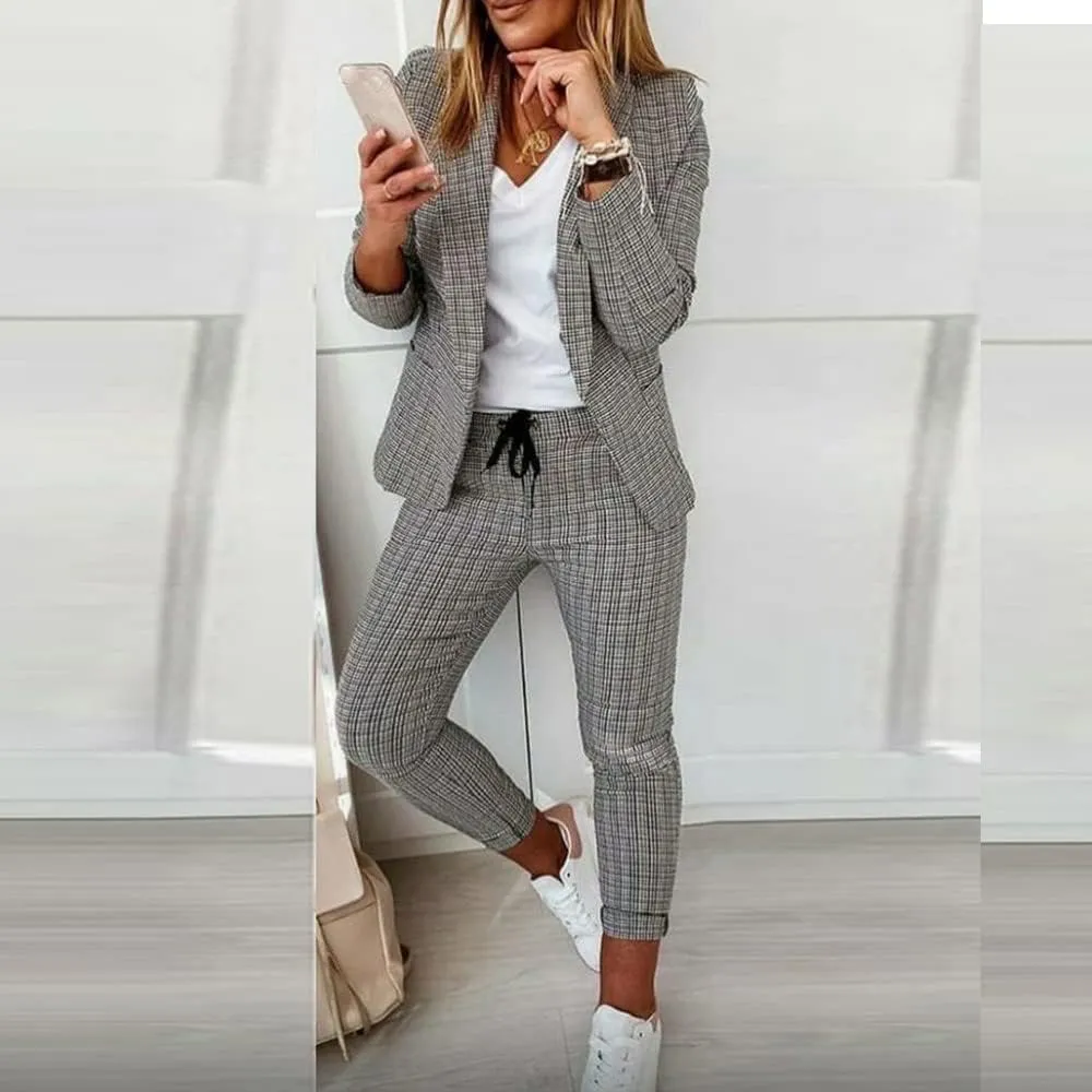 Women's 2 Piece Blazer Set Casual Plaid Blazer Jackets & Drawstring Leggings Pants Suits Business Casual Outfits