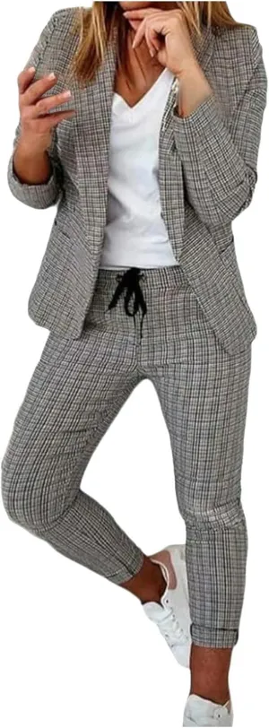 Women's 2 Piece Blazer Set Casual Plaid Blazer Jackets & Drawstring Leggings Pants Suits Business Casual Outfits