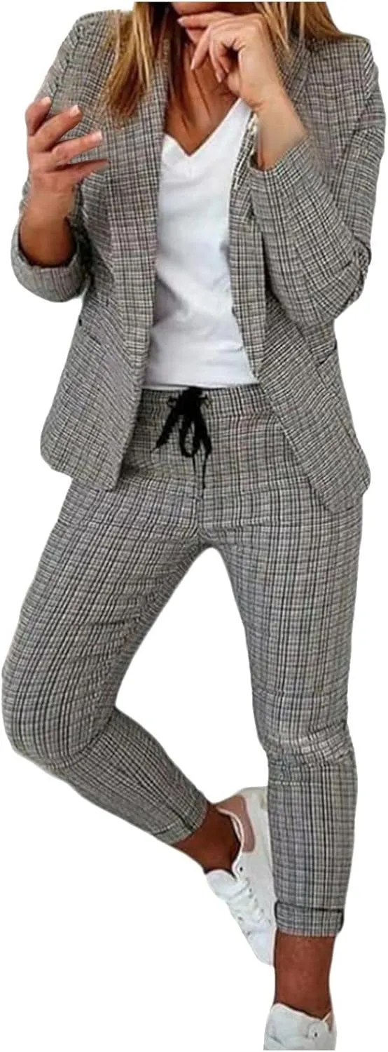 Women's 2 Piece Blazer Set Casual Plaid Blazer Jackets & Drawstring Leggings Pants Suits Business Casual Outfits