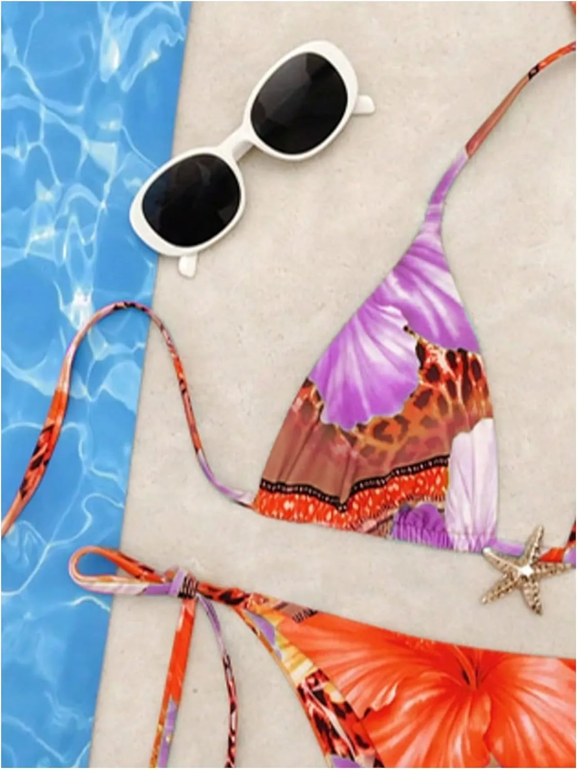 Women's 2 Piece Leopard Floral Bikini Sets Halter Triangle String Bathing Suit Starfish Metal Swimsuits