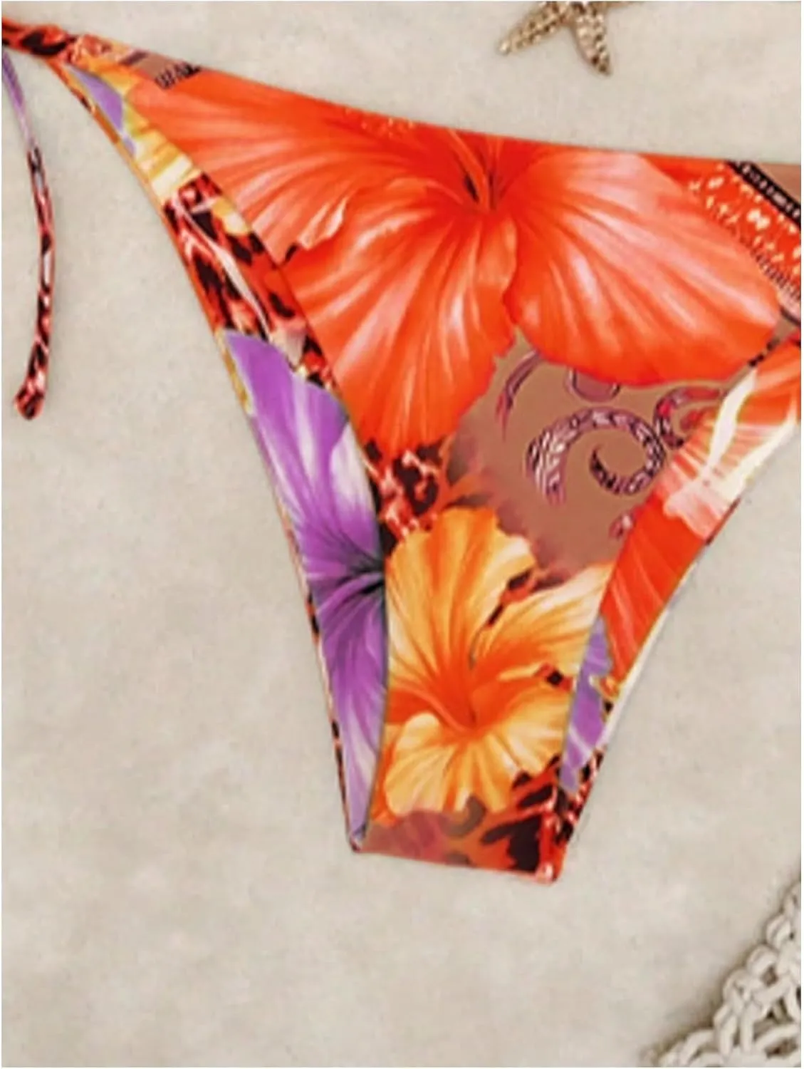 Women's 2 Piece Leopard Floral Bikini Sets Halter Triangle String Bathing Suit Starfish Metal Swimsuits