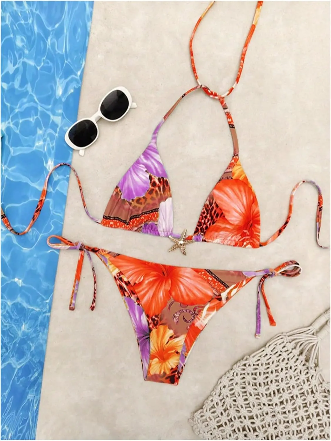 Women's 2 Piece Leopard Floral Bikini Sets Halter Triangle String Bathing Suit Starfish Metal Swimsuits