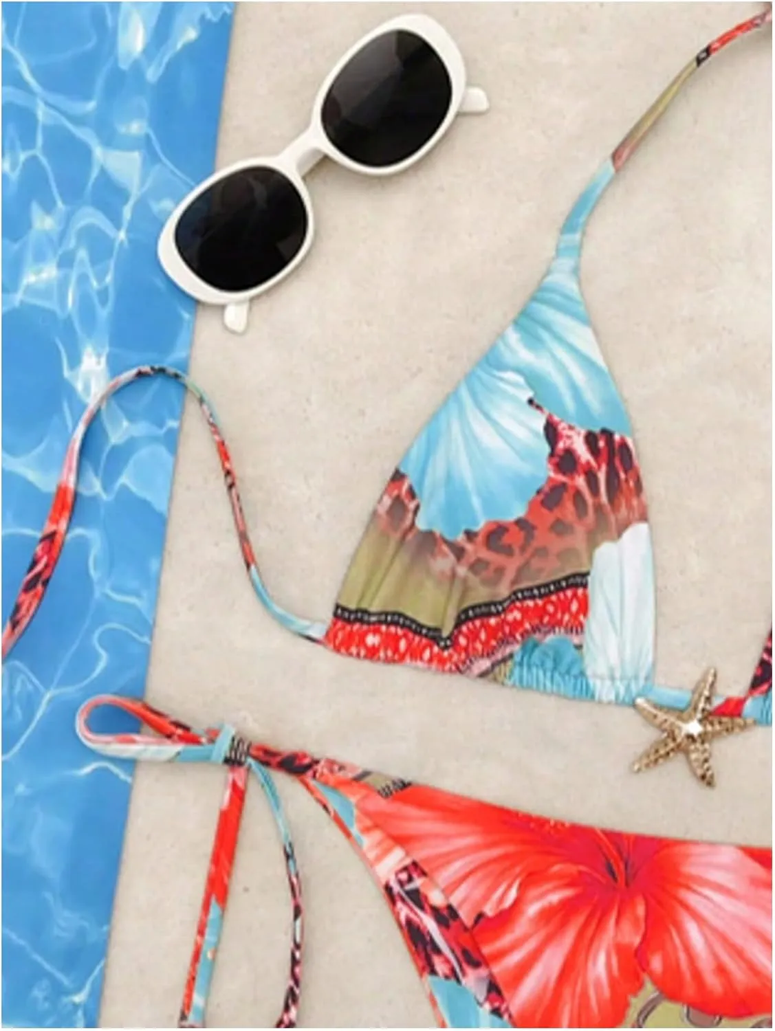 Women's 2 Piece Leopard Floral Bikini Sets Halter Triangle String Bathing Suit Starfish Metal Swimsuits