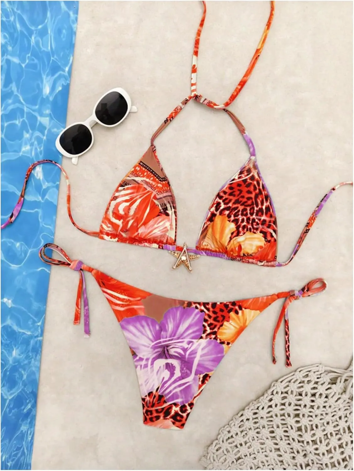 Women's 2 Piece Leopard Floral Bikini Sets Halter Triangle String Bathing Suit Starfish Metal Swimsuits
