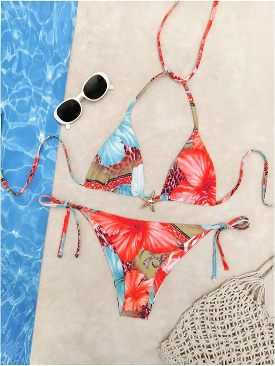 Women's 2 Piece Leopard Floral Bikini Sets Halter Triangle String Bathing Suit Starfish Metal Swimsuits