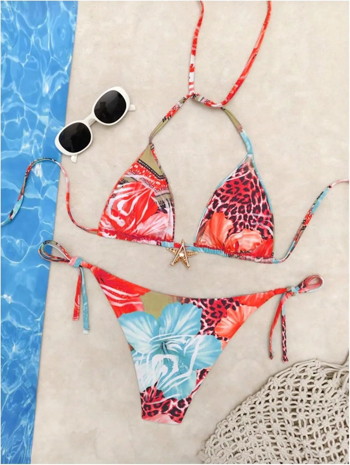 Women's 2 Piece Leopard Floral Bikini Sets Halter Triangle String Bathing Suit Starfish Metal Swimsuits