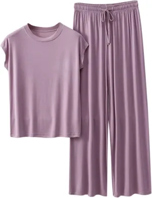 Womens 2 Piece Outfits 2025 Summer Casual Loose Short Sleeve Pullover Tops & Wide Leg Pants Lounge Sets Tracksuit