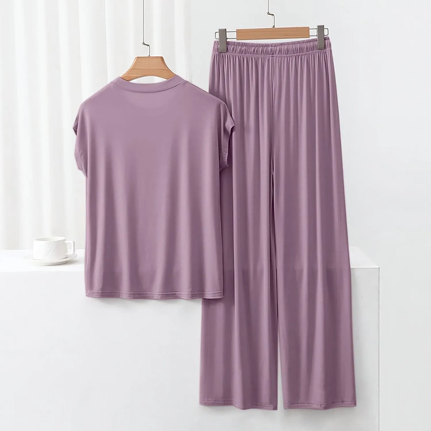 Womens 2 Piece Outfits 2025 Summer Casual Loose Short Sleeve Pullover Tops & Wide Leg Pants Lounge Sets Tracksuit