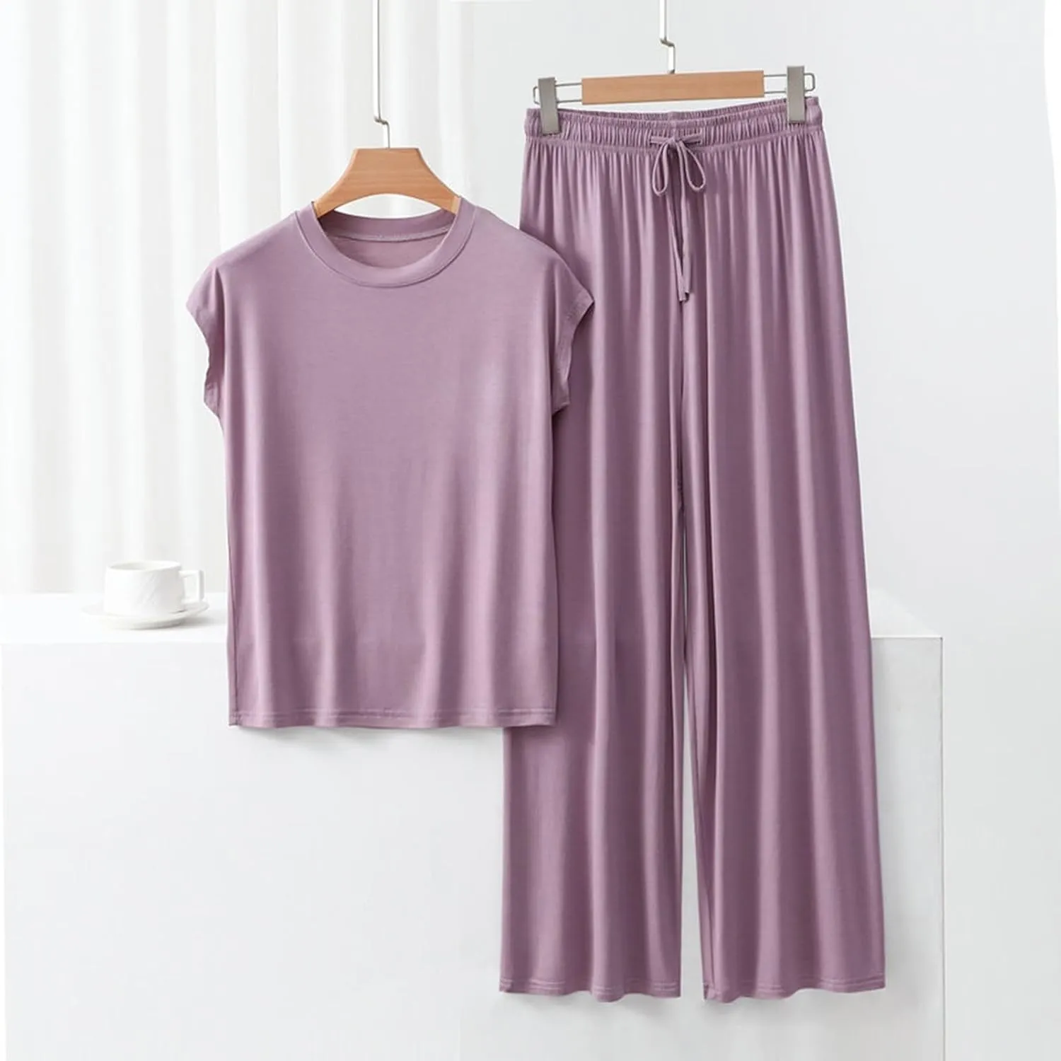 Womens 2 Piece Outfits 2025 Summer Casual Loose Short Sleeve Pullover Tops & Wide Leg Pants Lounge Sets Tracksuit