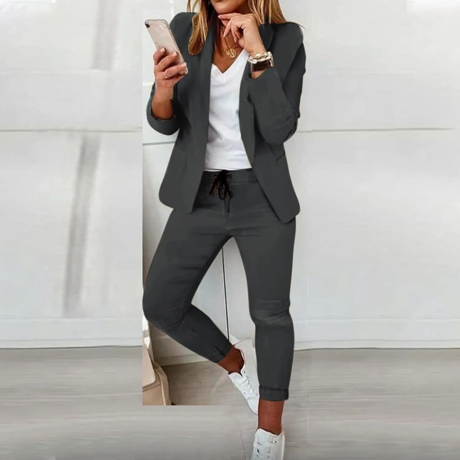 Women's 2 Piece Outfits Dressy Casual Lapel Neck Open-Front Blazer Drawstring Jogger Pants Sets Slim Fit Suit Set