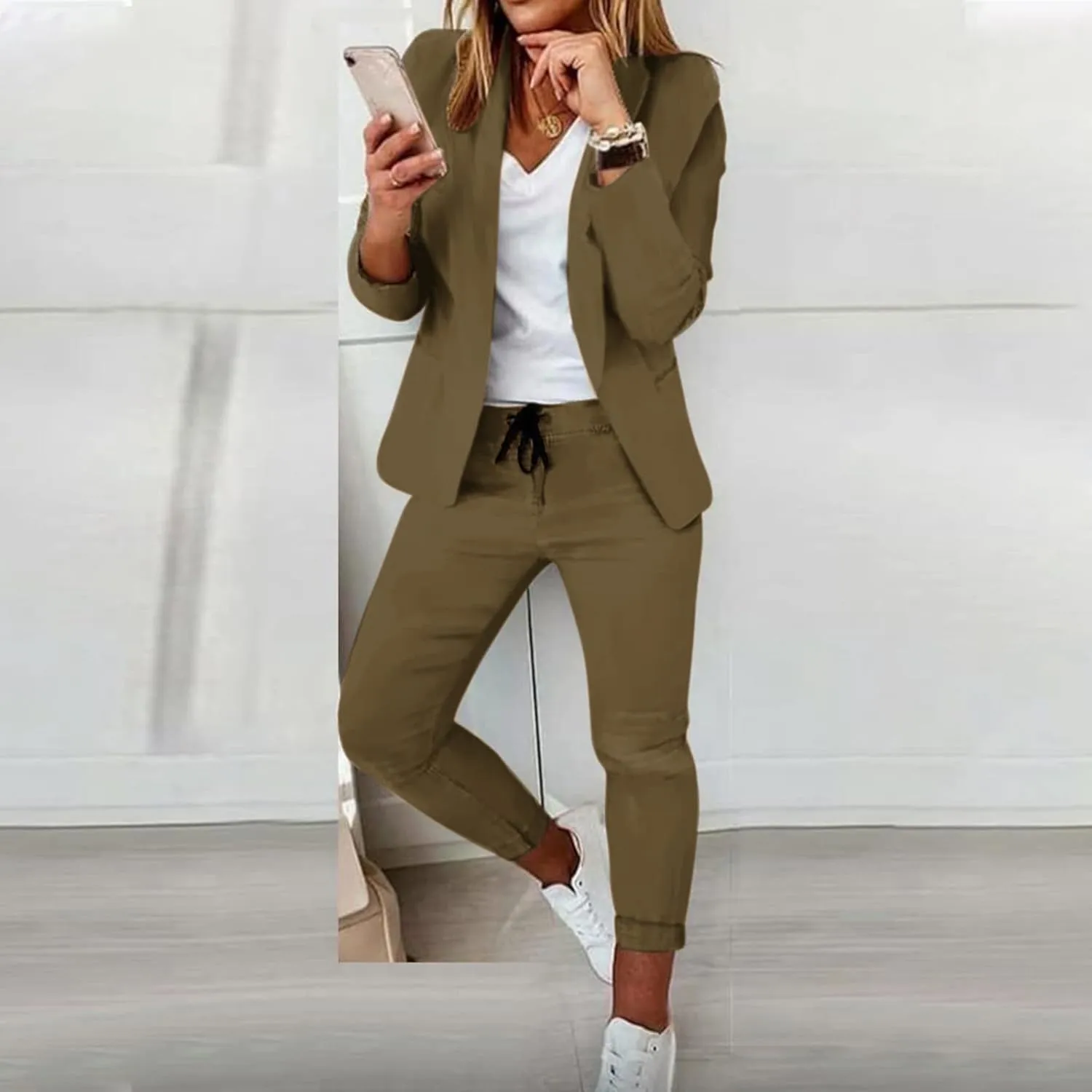 Women's 2 Piece Outfits Dressy Casual Lapel Neck Open-Front Blazer Drawstring Jogger Pants Sets Slim Fit Suit Set