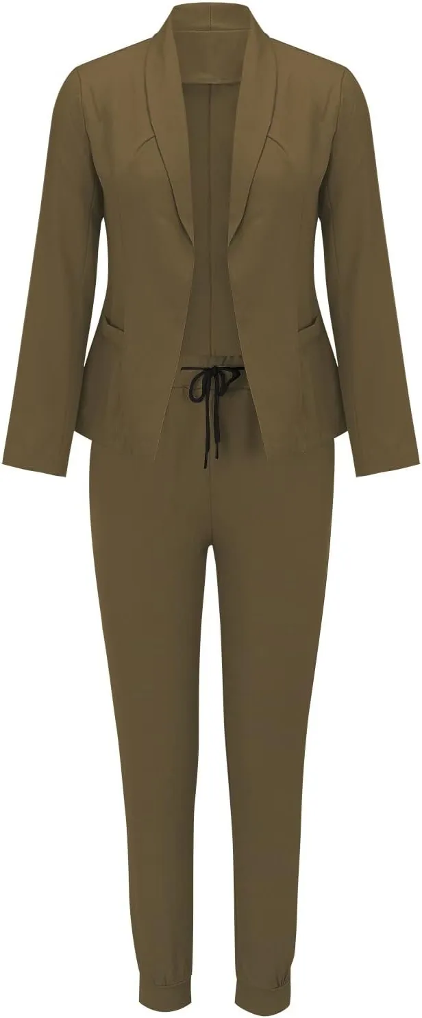 Women's 2 Piece Outfits Dressy Casual Lapel Neck Open-Front Blazer Drawstring Jogger Pants Sets Slim Fit Suit Set