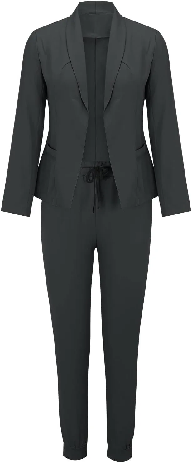 Women's 2 Piece Outfits Dressy Casual Lapel Neck Open-Front Blazer Drawstring Jogger Pants Sets Slim Fit Suit Set