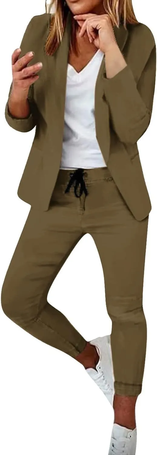 Women's 2 Piece Outfits Dressy Casual Lapel Neck Open-Front Blazer Drawstring Jogger Pants Sets Slim Fit Suit Set