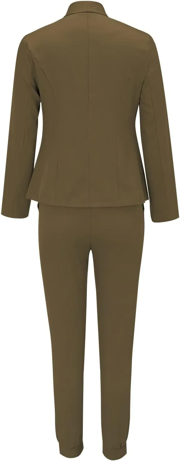 Women's 2 Piece Outfits Dressy Casual Lapel Neck Open-Front Blazer Drawstring Jogger Pants Sets Slim Fit Suit Set
