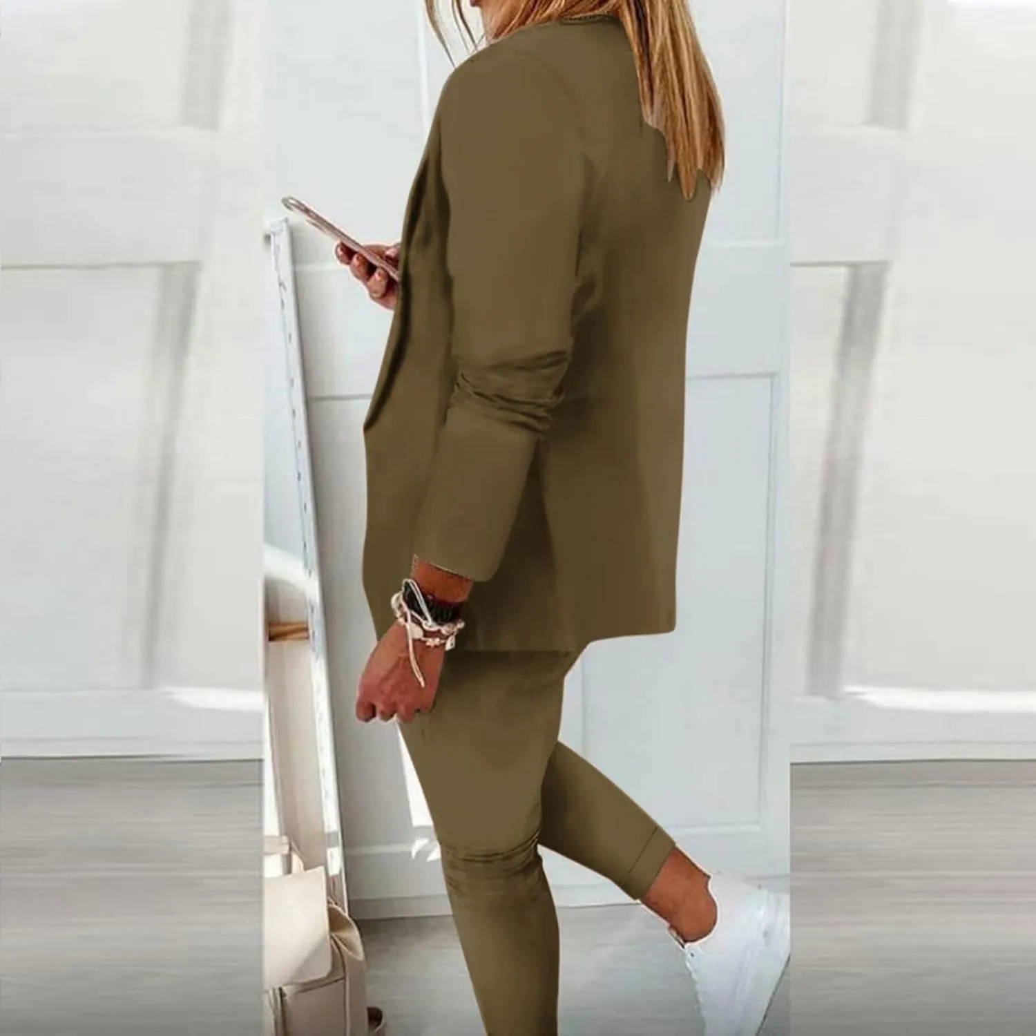 Women's 2 Piece Outfits Dressy Casual Lapel Neck Open-Front Blazer Drawstring Jogger Pants Sets Slim Fit Suit Set