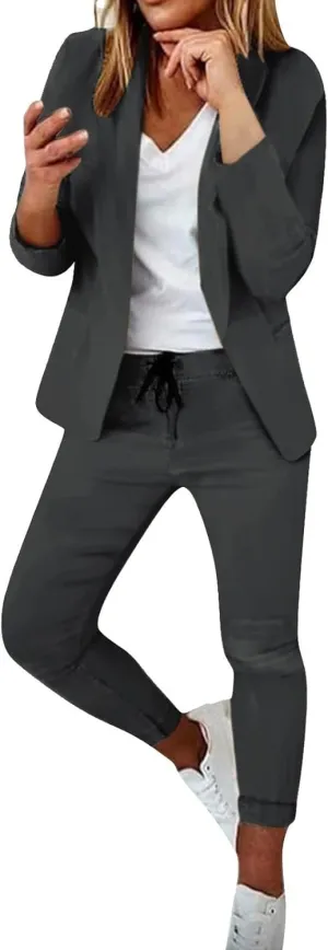 Women's 2 Piece Outfits Dressy Casual Lapel Neck Open-Front Blazer Drawstring Jogger Pants Sets Slim Fit Suit Set