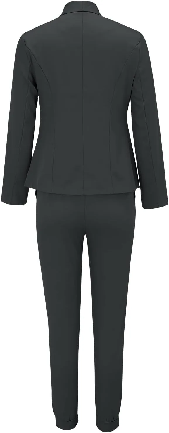 Women's 2 Piece Outfits Dressy Casual Lapel Neck Open-Front Blazer Drawstring Jogger Pants Sets Slim Fit Suit Set