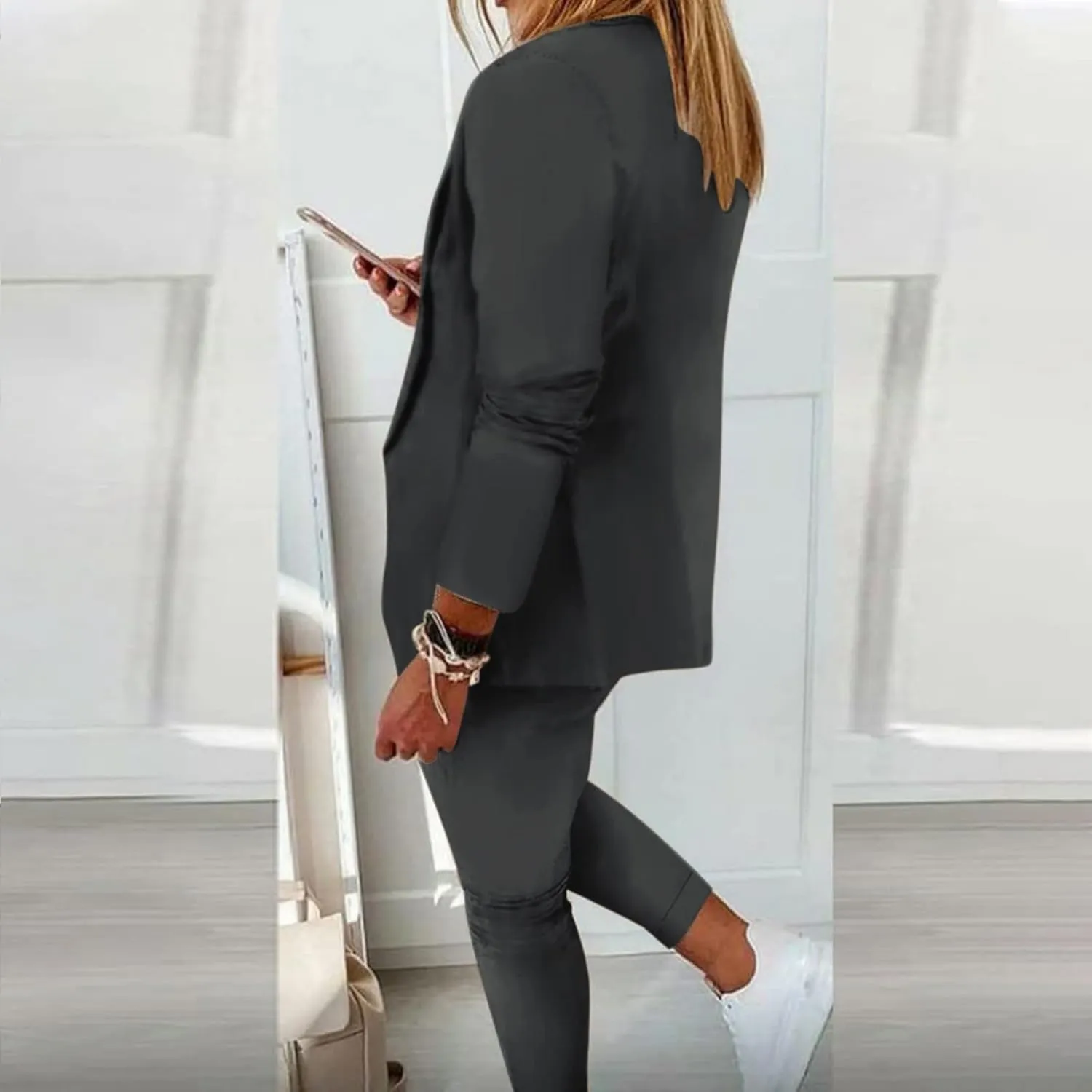 Women's 2 Piece Outfits Dressy Casual Lapel Neck Open-Front Blazer Drawstring Jogger Pants Sets Slim Fit Suit Set