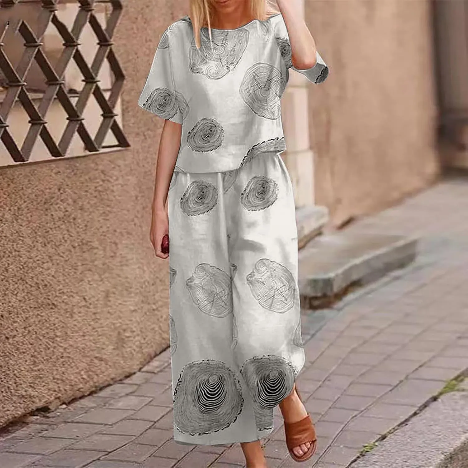 Women's 2 Piece Outfits Linen Short Sleeve Set Women Crewneck Tops Wide Leg Pants Set Plus Size Summer Matching Outfit