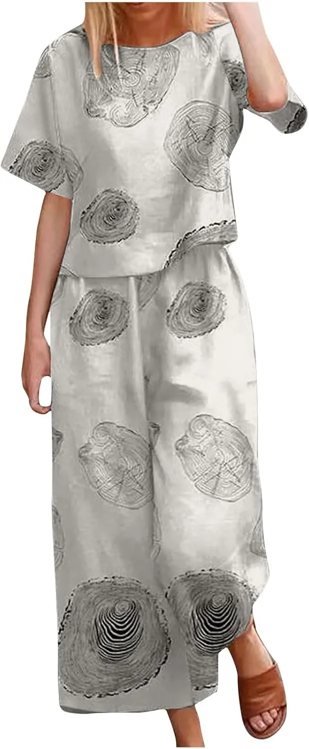 Women's 2 Piece Outfits Linen Short Sleeve Set Women Crewneck Tops Wide Leg Pants Set Plus Size Summer Matching Outfit