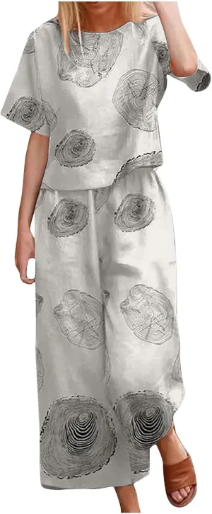 Women's 2 Piece Outfits Linen Short Sleeve Set Women Crewneck Tops Wide Leg Pants Set Plus Size Summer Matching Outfit