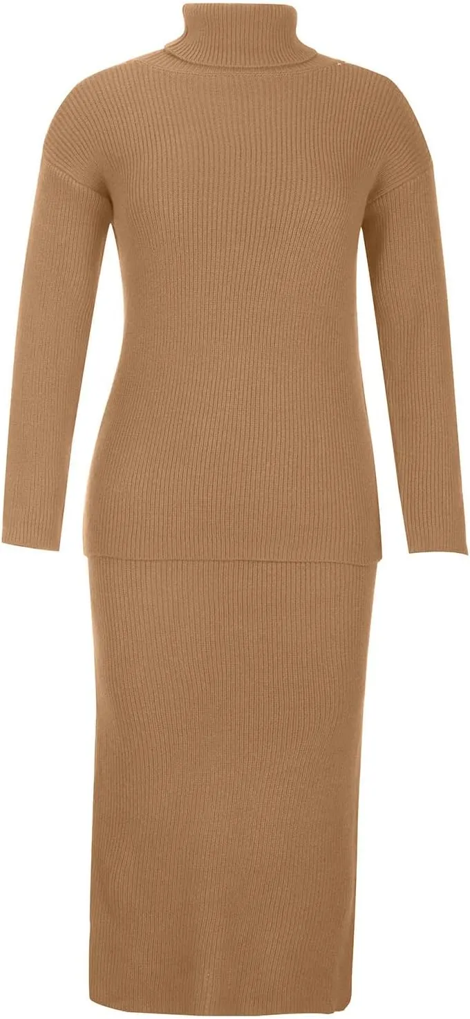 Women's 2 Piece Outfits Ribbed Knit Long Sleeve Oversized Turtleneck Sweater Top and Bodycon Midi Skirt Dress Set