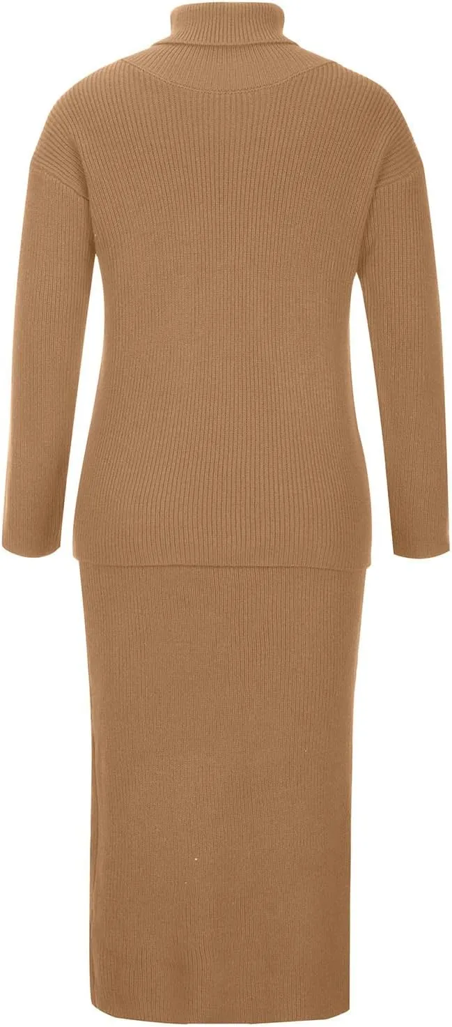Women's 2 Piece Outfits Ribbed Knit Long Sleeve Oversized Turtleneck Sweater Top and Bodycon Midi Skirt Dress Set