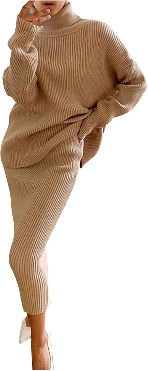 Women's 2 Piece Outfits Ribbed Knit Long Sleeve Oversized Turtleneck Sweater Top and Bodycon Midi Skirt Dress Set