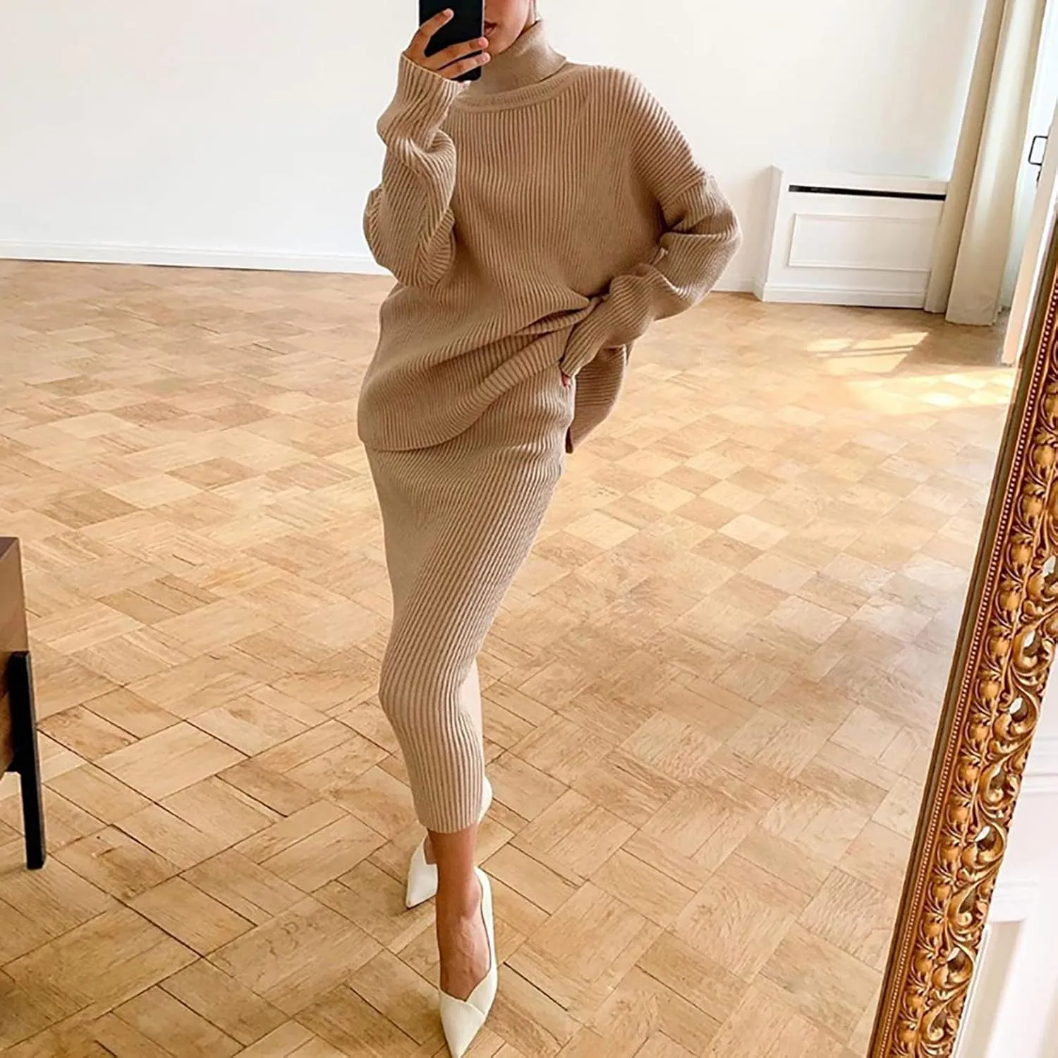 Women's 2 Piece Outfits Ribbed Knit Long Sleeve Oversized Turtleneck Sweater Top and Bodycon Midi Skirt Dress Set