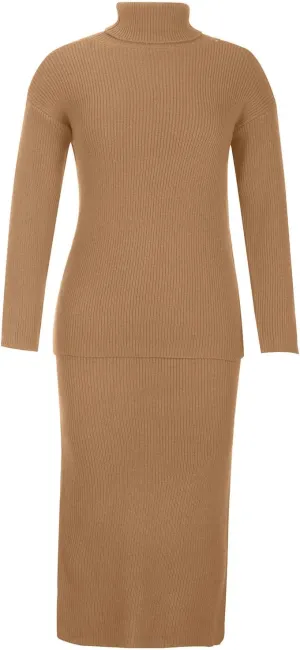 Women's 2 Piece Outfits Ribbed Knit Long Sleeve Oversized Turtleneck Sweater Top and Bodycon Midi Skirt Dress Set