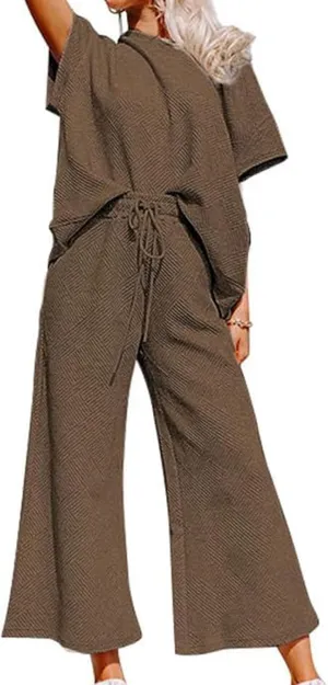 Womens 2 Piece Outfits Textured Short Sleeve Tops and Drawstring Wide Leg Pants Sets Loose Flowy Jogger Tracksuit
