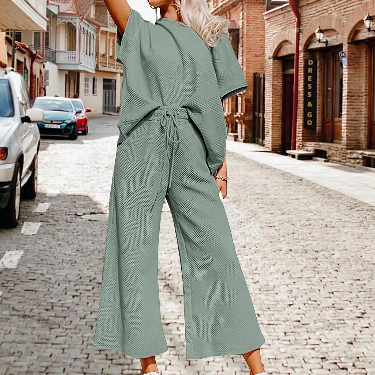Womens 2 Piece Outfits Textured Short Sleeve Tops and Drawstring Wide Leg Pants Sets Loose Flowy Jogger Tracksuit