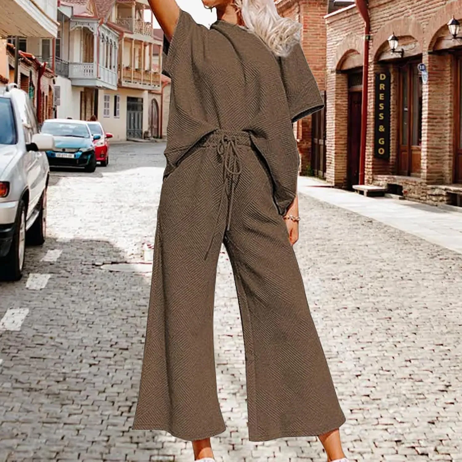 Womens 2 Piece Outfits Textured Short Sleeve Tops and Drawstring Wide Leg Pants Sets Loose Flowy Jogger Tracksuit