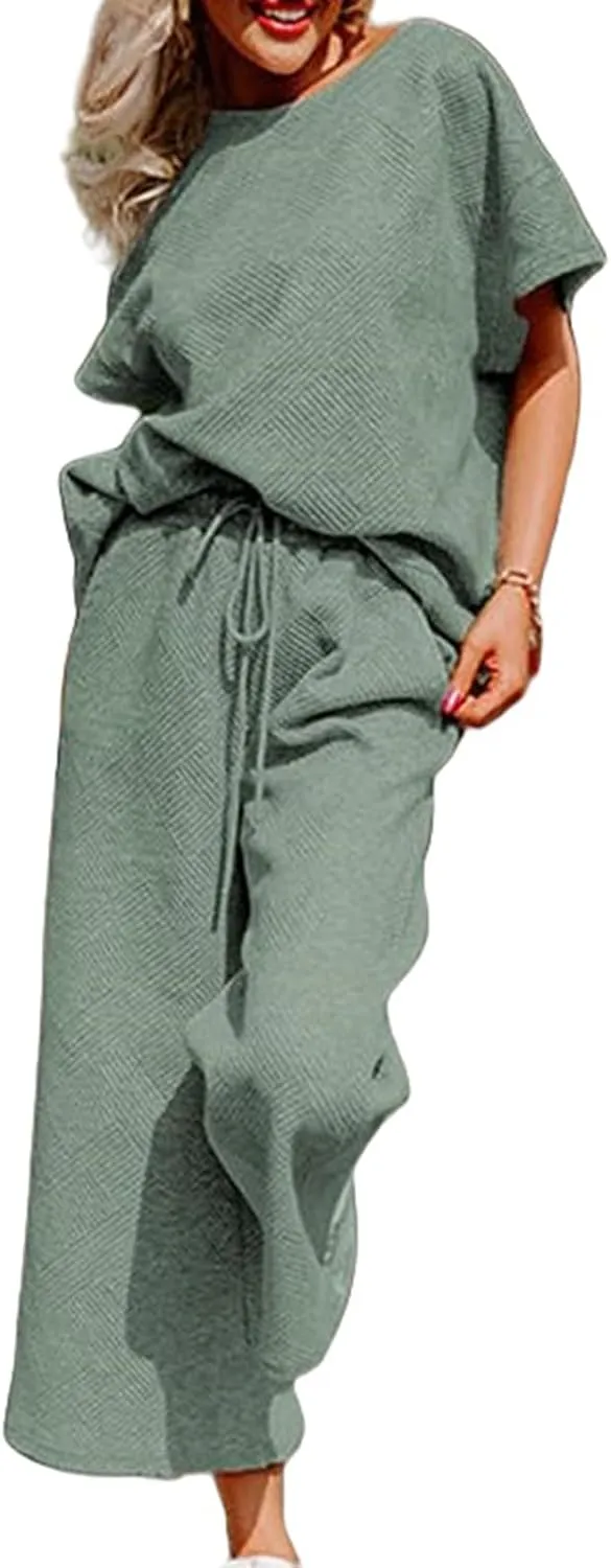 Womens 2 Piece Outfits Textured Short Sleeve Tops and Drawstring Wide Leg Pants Sets Loose Flowy Jogger Tracksuit