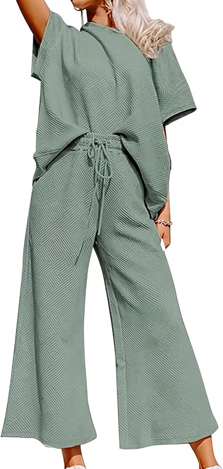 Womens 2 Piece Outfits Textured Short Sleeve Tops and Drawstring Wide Leg Pants Sets Loose Flowy Jogger Tracksuit