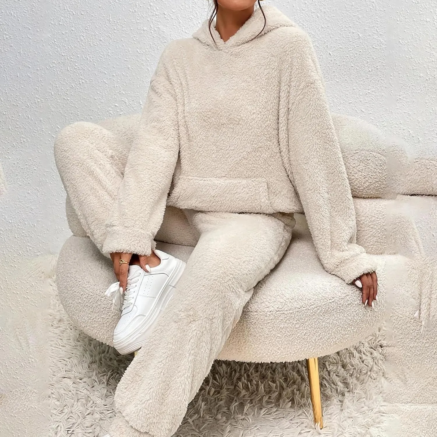 Womens 2 Piece Pajama Sets Women's Autumn and Winter Solid Color Hooded Long Sleeve Pocket Casual Fleece Pullover