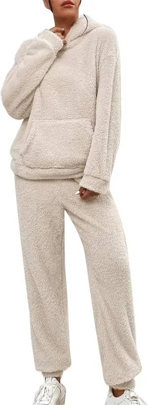 Womens 2 Piece Pajama Sets Women's Autumn and Winter Solid Color Hooded Long Sleeve Pocket Casual Fleece Pullover