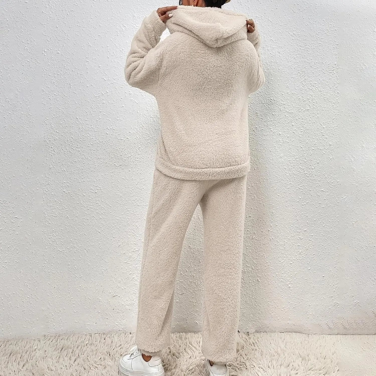 Womens 2 Piece Pajama Sets Women's Autumn and Winter Solid Color Hooded Long Sleeve Pocket Casual Fleece Pullover