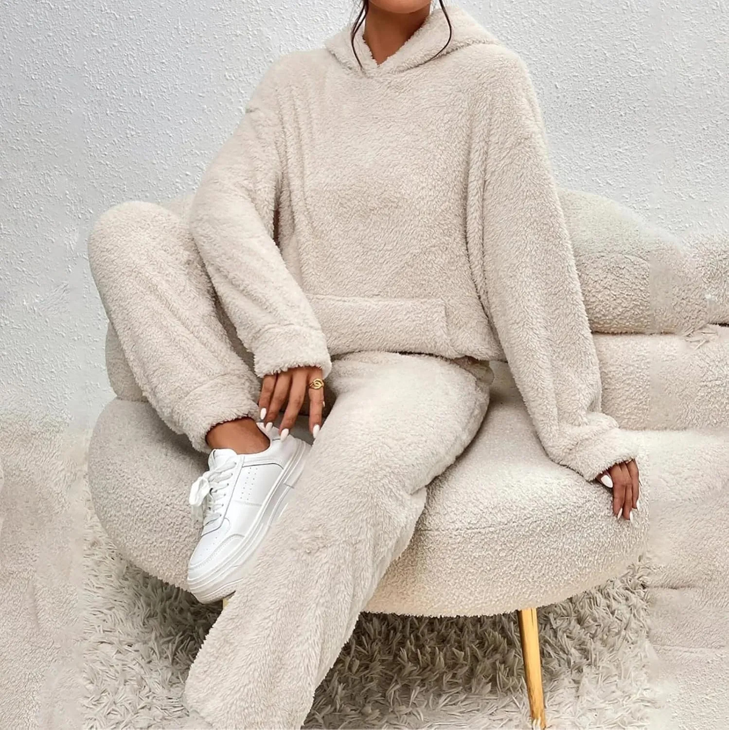 Womens 2 Piece Pajama Sets Women's Autumn and Winter Solid Color Hooded Long Sleeve Pocket Casual Fleece Pullover