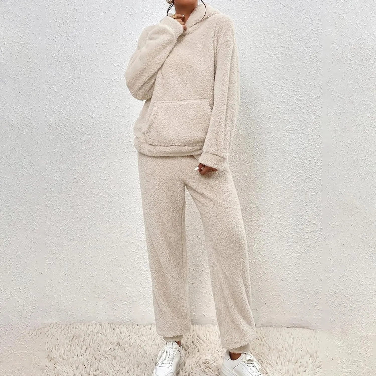 Womens 2 Piece Pajama Sets Women's Autumn and Winter Solid Color Hooded Long Sleeve Pocket Casual Fleece Pullover