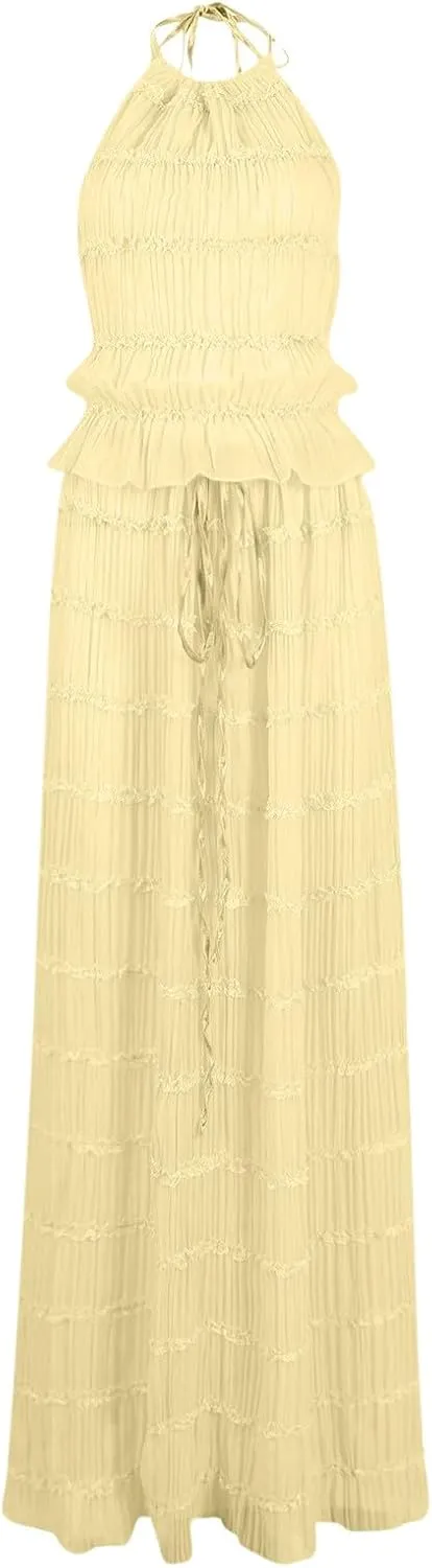 Women's Adjustable Backless Tie Halter Tank Top and Pleated Retro Drawstring Long Maxi Skirts Tiered Ruffle Skirt Sets