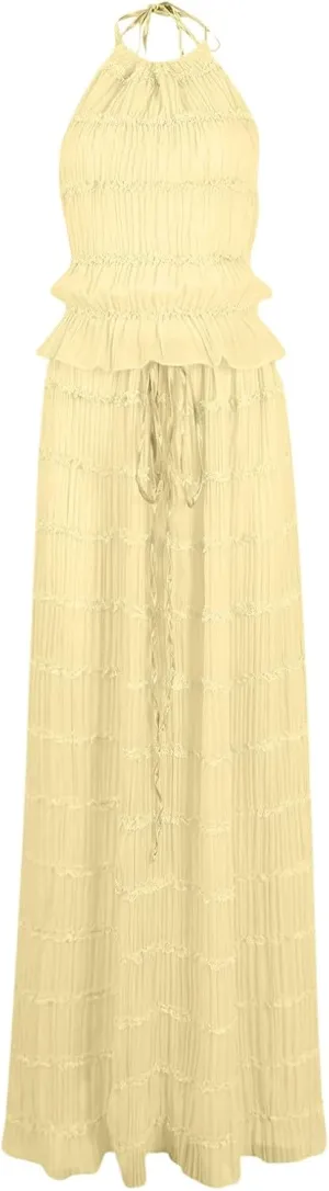 Women's Adjustable Backless Tie Halter Tank Top and Pleated Retro Drawstring Long Maxi Skirts Tiered Ruffle Skirt Sets