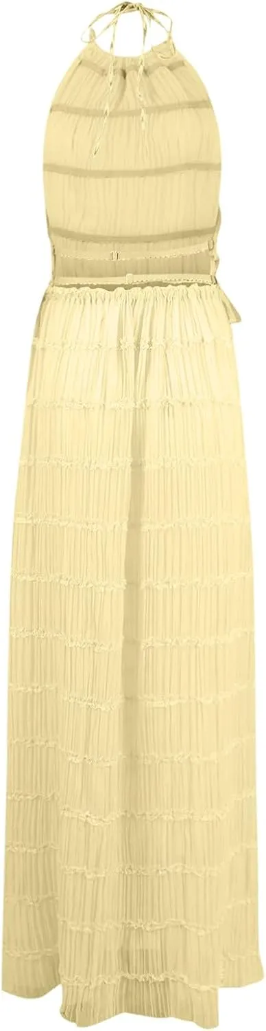 Women's Adjustable Backless Tie Halter Tank Top and Pleated Retro Drawstring Long Maxi Skirts Tiered Ruffle Skirt Sets