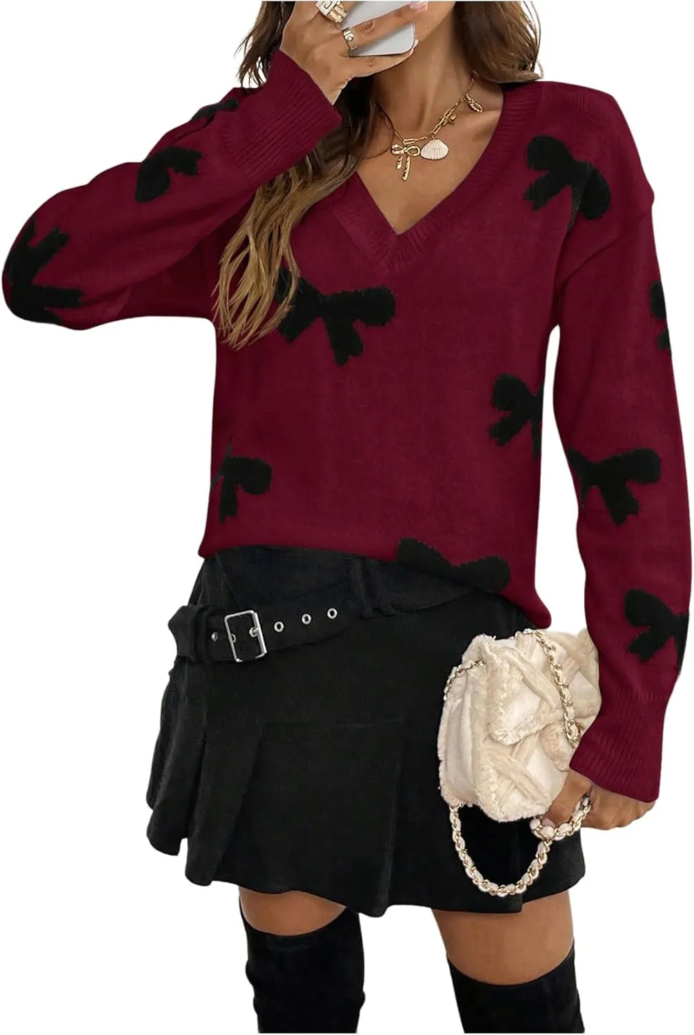 Women's Bow Print Sweaters V Neck Lightweight Sweater Long Sleeve Pullovers Knit Top