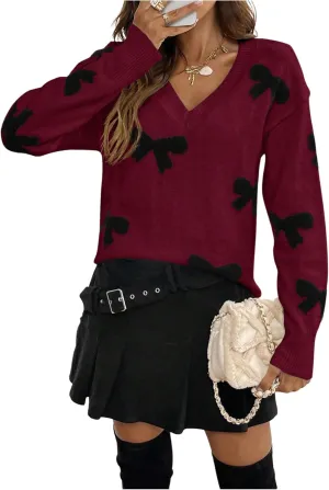 Women's Bow Print Sweaters V Neck Lightweight Sweater Long Sleeve Pullovers Knit Top