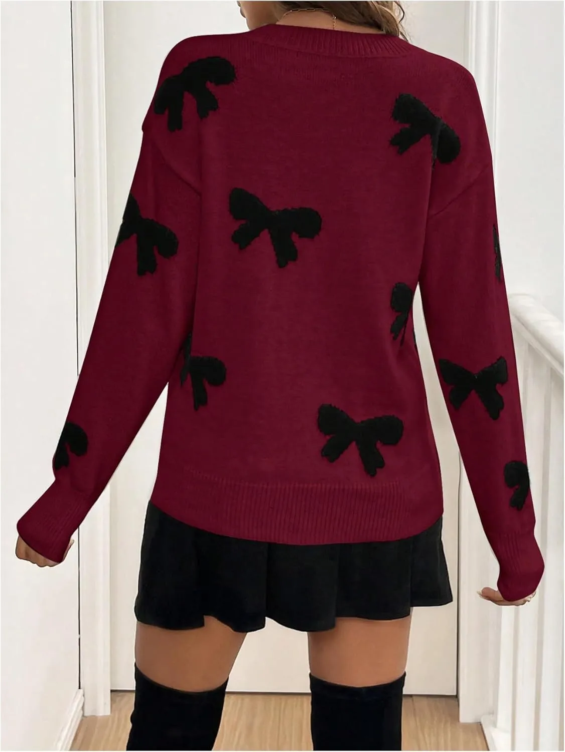Women's Bow Print Sweaters V Neck Lightweight Sweater Long Sleeve Pullovers Knit Top