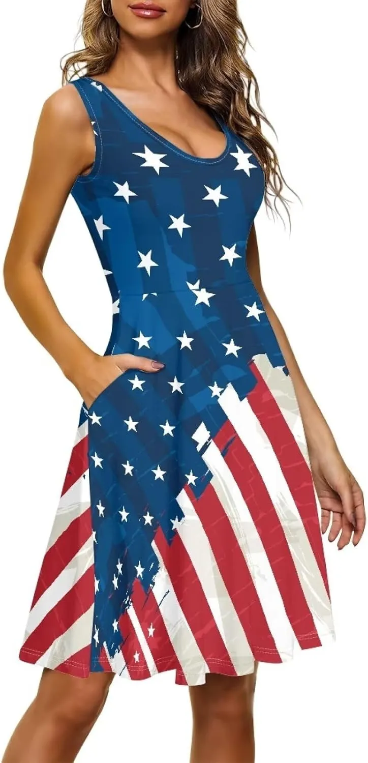 Women's Casual Dresses Sleeveless Tank Summer Sundress with Pocket Soft Midi Crewneck Swing Dress