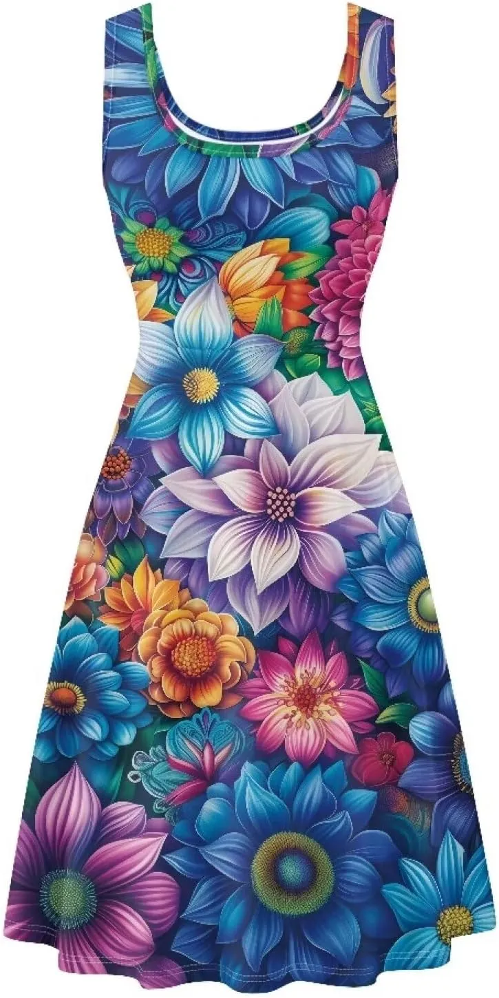 Women's Casual Dresses Sleeveless Tank Summer Sundress with Pocket Soft Midi Crewneck Swing Dress