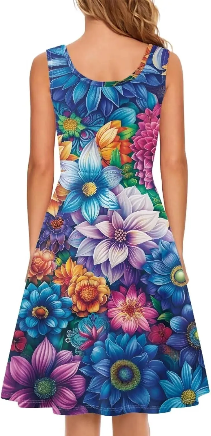 Women's Casual Dresses Sleeveless Tank Summer Sundress with Pocket Soft Midi Crewneck Swing Dress